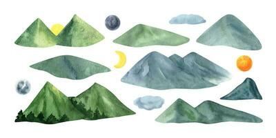 Hand drawn watercolor summer blue and green mountains with sun and clouds vector