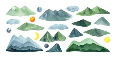 Hand drawn watercolor summer blue and green mountains with sun and clouds vector