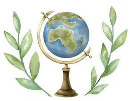 Vintage Globe with green branches of plants. Hand drawn watercolor illustration of old retro Earth model with leaves on white isolated background. Drawing of object for science or school education vector