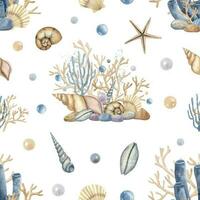 Seashell seamless Pattern on isolated white background. Hand drawn illustration of scallop sea Shells, nautilus and corals for textile design or wrapping paper in marine style. Cockleshell ornament. vector