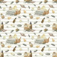 Seamless watercolor Pattern with Bodycare cosmetic and vintage flacons on isolated striped background. Hand drawn illustration with towel and bottles for banner or backdrop. Ornament with eco products vector