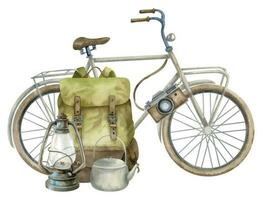 Travel Bicycle with backpack and adventure equipment. Hand drawn watercolor illustration of trip cycle old retro bag and kerosene lantern on white isolated background. Drawing of hiking things vector