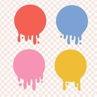 Dripping round paint set. Current liquid collection. Melting Paint flows. Melted circle logo. Groovy paint, stains. Current inks. Retro color vector illustration.