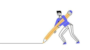 Happy young man holding big pencil and drawing a line on the floor. Concept of writer, creativity, achievement, education, motivation, homework, Outline linear doodle Simple style vector illustration.