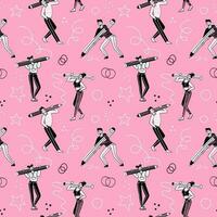 Seamless pattern with Many young people with a large pencils. Doodle style person holding pencil. Linear Hand drawn Vector illustration on pink background. Drawing, writing, creating, design concept.