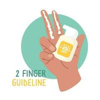 Illustration of instructions on how to apply sunscreen on the face. Hand with SPF serum on two fingers in a flat style. Vector illustration