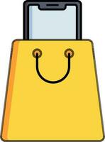 teléfono inteligente con compras bolso para en línea móvil compras icono en amarillo y gris color. vector