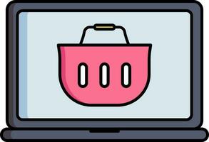 Online Shopping basket in laptop screen icon in gray and pink color. vector