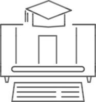 Line art illustration of Graduation Cap with Building in Monitor Screen and Keyboard icon for Online Education or Learning. vector