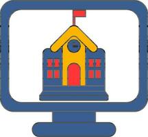 Vector illustration of School Building in Monitor Screen for Online Education or Learning.