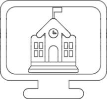 Black Outline School Building in Monitor Screen icon for Online Education or Learning. vector