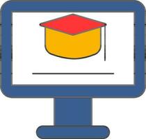 Graduation Cap in Monitor Screen icon for Online Learning or Education. vector