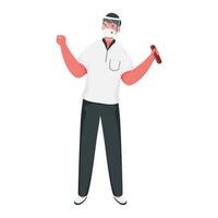 joven hombre vestir médico máscara con cara proteger y sostener peine en en pie pose. vector