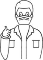 Line art illustration of Wearing face mask man with thumb up icon. vector