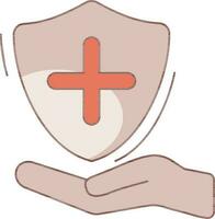 Plus Sign Shield on Hand icon in brown and orange color. vector