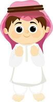 Cute praying arabian boy in traditional outfits. vector