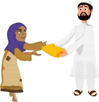 Muslim man giving clothes to needy woman. vector