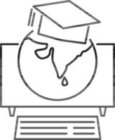 negro contorno globo con graduación gorra en monitor pantalla icono para en línea aprendizaje o educación. vector