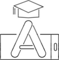 Line art illustration of E-Learning App in Smartphone with Graduation Cap icon for Online Education. vector