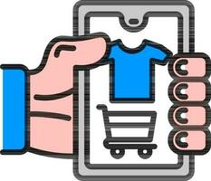 Hand Holding Smartphone with T-shirt Website Open for Online Shopping icon in Flat Style. vector