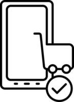 línea Arte confirmar compras carretilla desde teléfono inteligente pantalla icono para en línea compras vector