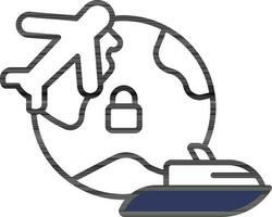 Stop Air Flight and Traveling  Boat of Global Lock Public Transport line  icon for Covid-19 Protection. vector