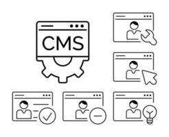 cms roles, contenido administración sistema conjunto icono. administrador, autor, editor, usuario, invitado. sitio web administración software para contenido creación, publicación, seo mejoramiento, configuración, apoyo vector