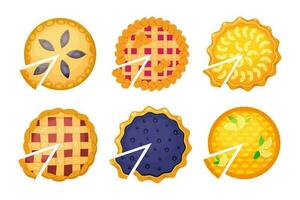 Set of homemade pies and pieces of pies with various fruit or berry fillings. Top view. Delicious cake, dessert. Concept of National pie day or Thanksgiving day for web, menu, card, recipe, delivery vector