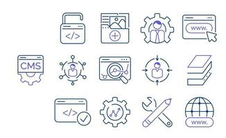 Content Management System set icons. Creation, publishing content, blog promotion, database administration, seo optimization, analysis, setting, support. Network internet technology for web business vector