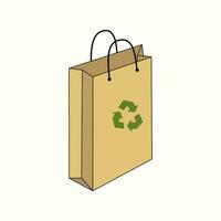 Empty Paper Shopping Bag.  Eco paper bag with recycling logo . Eco-friendly lifestyle concept.  Vector illustration. Background isolated.