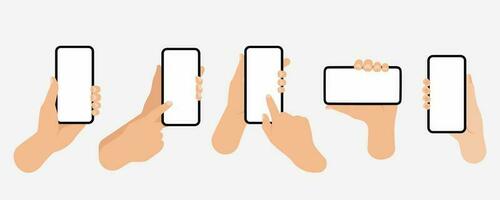 Set of hand holding mobile blank touch screen. Finger touching, tapping, Flat vector illustration isolated on white Background