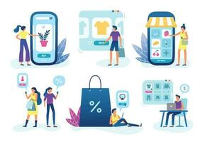 Online shop. Web store business, customer goods delivery service and internet buying and selling vector illustration