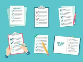 Business checklist. Priority list checks, check mark list and checking paper to do checklists flat vector illustration set