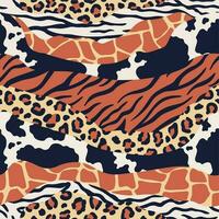 Mixed animal skin print. Safari textures mix, leopard, zebra and tiger skins patterns. Luxury animals texture seamless vector pattern