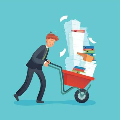 Paper work cart. Overworked office worker, exhausted businessman carrying documents and pile of papers cartoon vector illustration