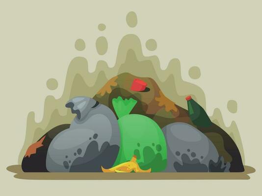 Garbage dump. Smelly trash in garbage bags, city dumps and pile of rubbish cartoon vector illustration