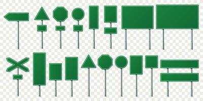 Green road sign board. Direction signs boards on metal stand, empty pointer post and directing signboard isolated vector set