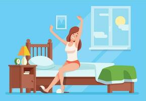 Lady wakes up morning. Lady is sitting on mattress cartoon vector concept