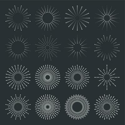Vintage sunburst. Simple star burst label, retro chalk hands drawn sunbursts frames and firework sparks rays isolated vector set