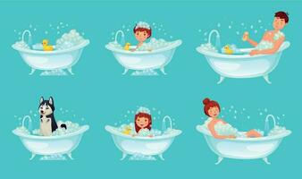 Foam bath. Bathroom tub bathing man, relaxing woman and kids. Dog wash cartoon vector illustration