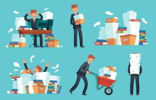 Unorganized office papers. Businessman overwhelmed work, messy paper documents pile and files stack cartoon vector illustration