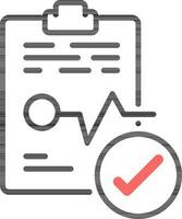 Check heartbeat paper on clipboard icon in black and white color. vector