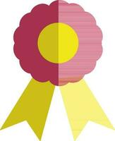 Pink badge with yellow ribbon in flat style. vector