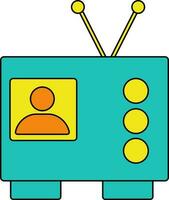 Green and yellow retro style television in black line art. vector