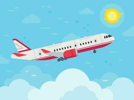 Airplane flying in sky. Jet plane fly in clouds, airplanes travel and vacation aircraft flat vector illustration