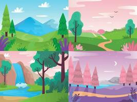 Flat landscape. Summer field nature, forest fauna and waterfall landscapes. Mountains and cloudy sky vector background illustration