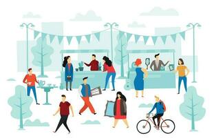 Second hand shop. Flea market, street shop trading stalls and fashion clothes swap. People selling cloth flat vector illustration