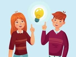 Young people have idea. Students couple having solution, teenagers ideas lamp bulb metaphor and teen cartoon vector illustration
