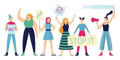 Women protesters. Female group protest, strong woman holding feminism placard and women rights manifestation flat vector illustration