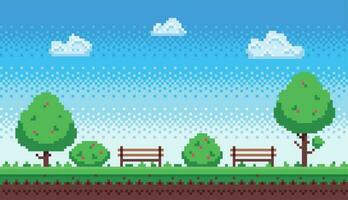 Pixel park. Retro 8 bit game blue sky, pixels trees and parks bench vector illustration